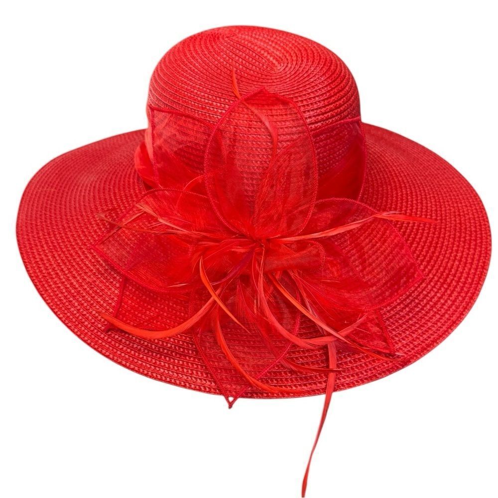 August Hats Red Wide-Brimmed Hat with Large Organza Flower and Feathers